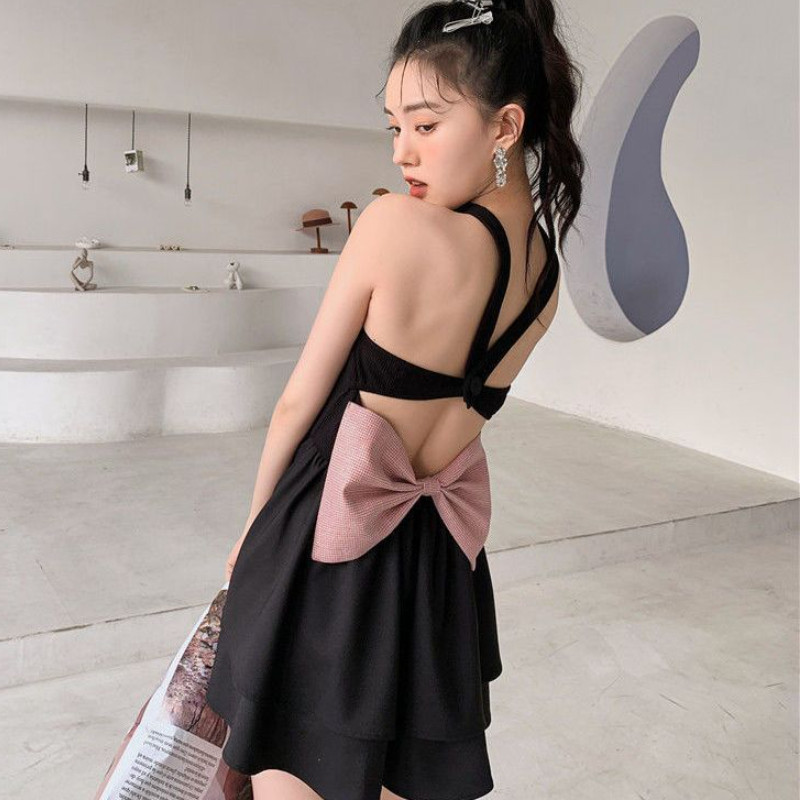 Háttámla nélküli masnis női ruha, kötőfék, mini elegáns nyári édes, népszerű, esztétikus, többszintes, alkalmi női, egyszerű koreai stílusú partiruha