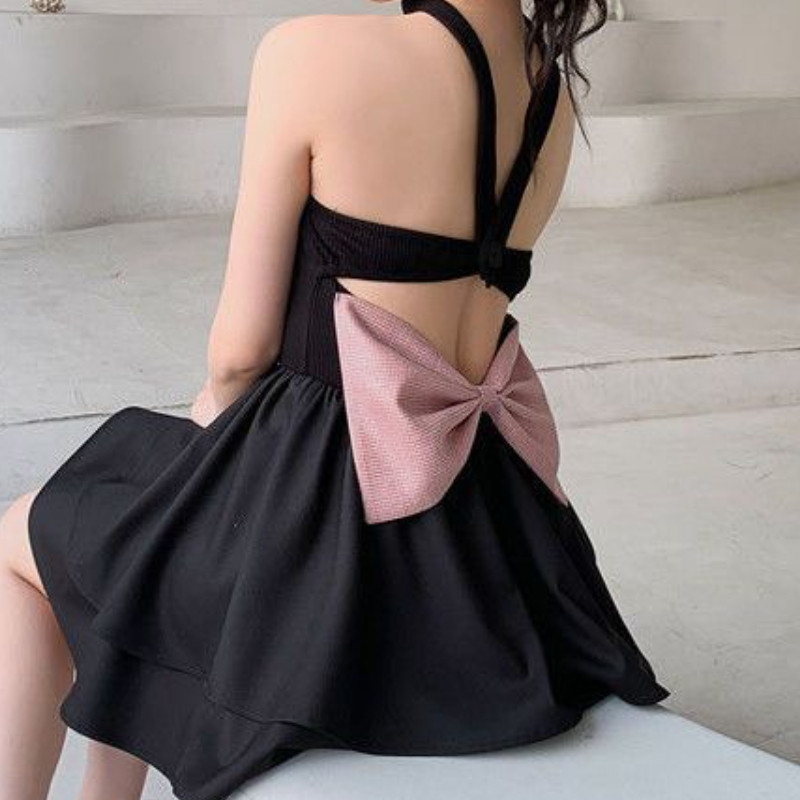 Háttámla nélküli masnis női ruha, kötőfék, mini elegáns nyári édes, népszerű, esztétikus, többszintes, alkalmi női, egyszerű koreai stílusú partiruha