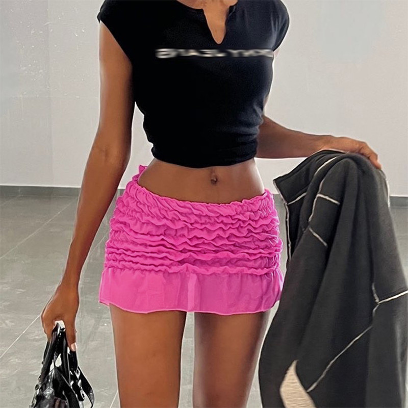Seksīgi tīklveida, slaidi pieguļoši rozā mini svārki sievietēm elastīgi, zemi auguši, īsi svārki 2023. gada vasaras pludmales brīvdienām, Y2K apģērbi