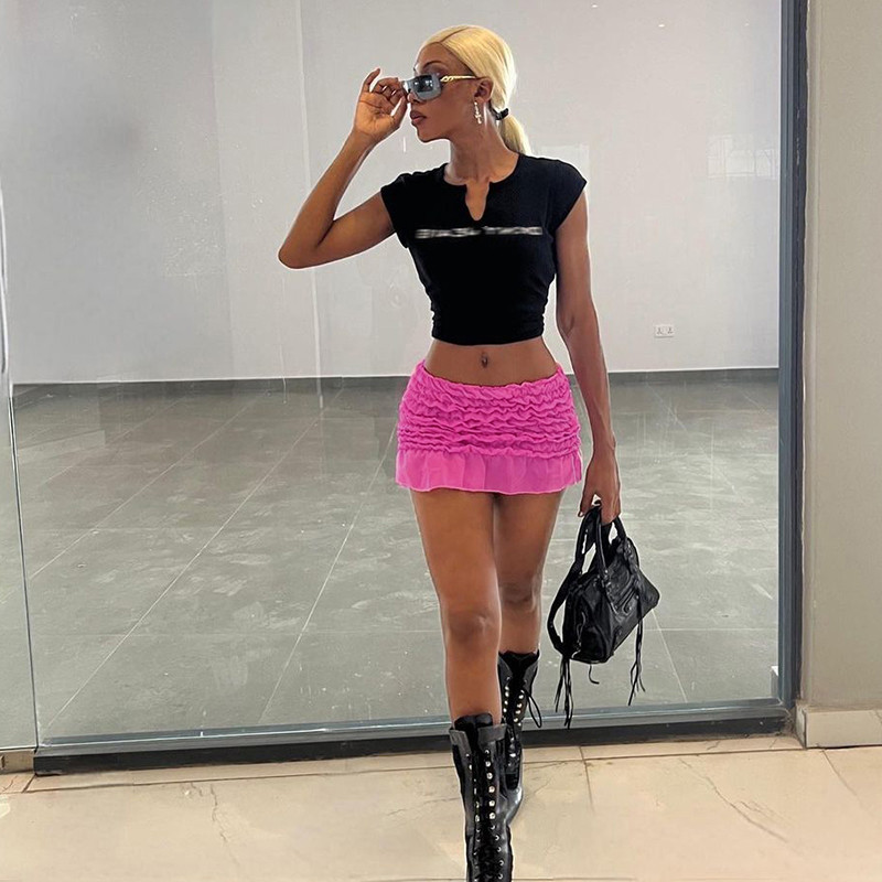 Seksīgi tīklveida, slaidi pieguļoši rozā mini svārki sievietēm elastīgi, zemi auguši, īsi svārki 2023. gada vasaras pludmales brīvdienām, Y2K apģērbi
