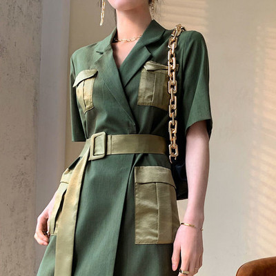 Haljina kratkih rukava Ženska elegantna uredska dama Patchwork Cargo High-street remen Empire Vestidos Notched Mujer Y2k Slobodno vrijeme Trendy