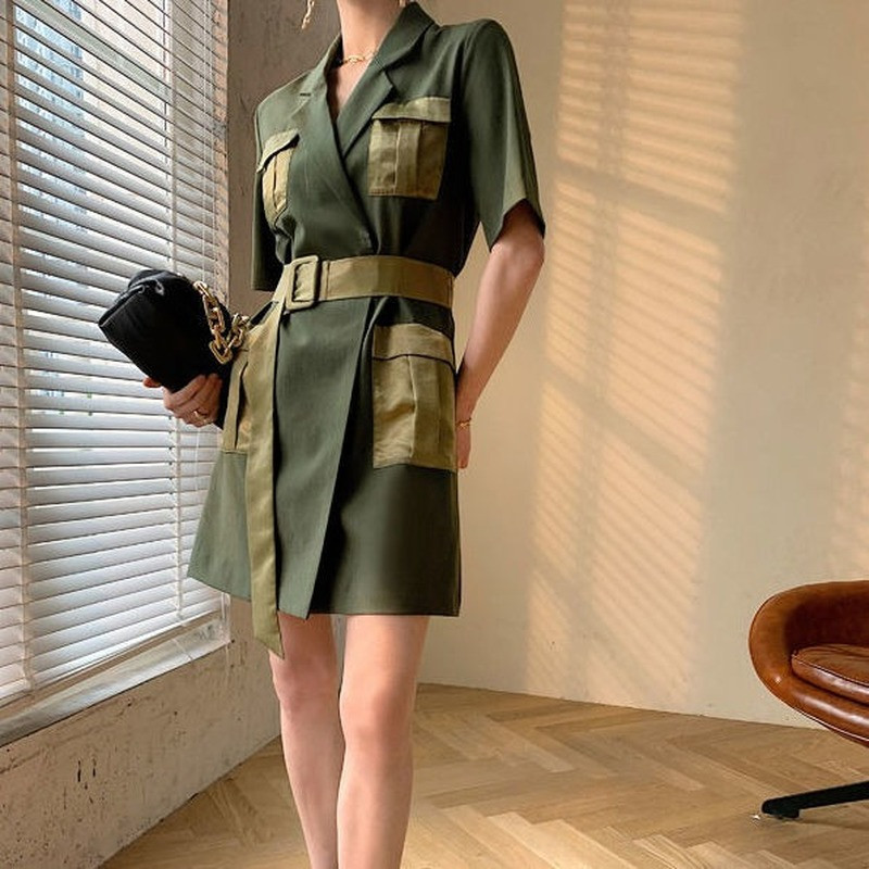 Haljina kratkih rukava Ženska elegantna uredska dama Patchwork Cargo High-street remen Empire Vestidos Notched Mujer Y2k Slobodno vrijeme Trendy