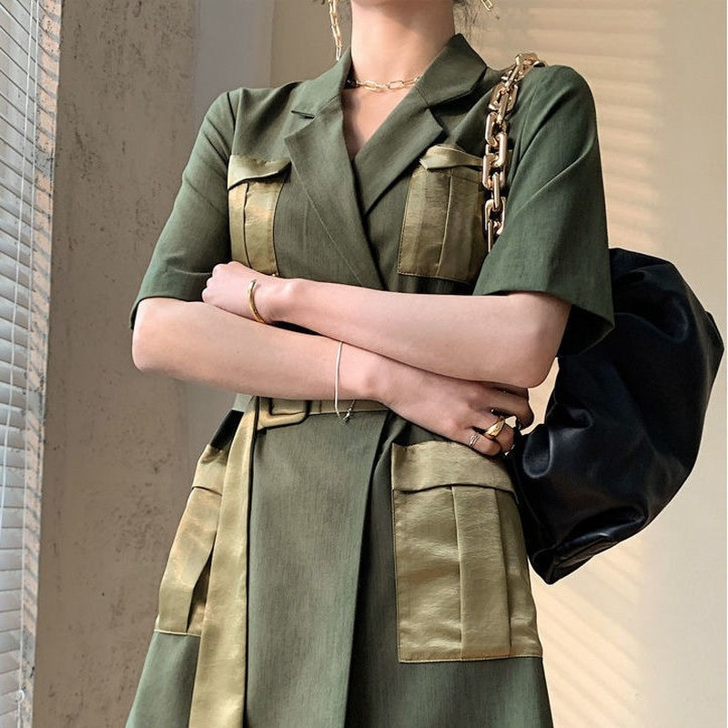Haljina kratkih rukava Ženska elegantna uredska dama Patchwork Cargo High-street remen Empire Vestidos Notched Mujer Y2k Slobodno vrijeme Trendy
