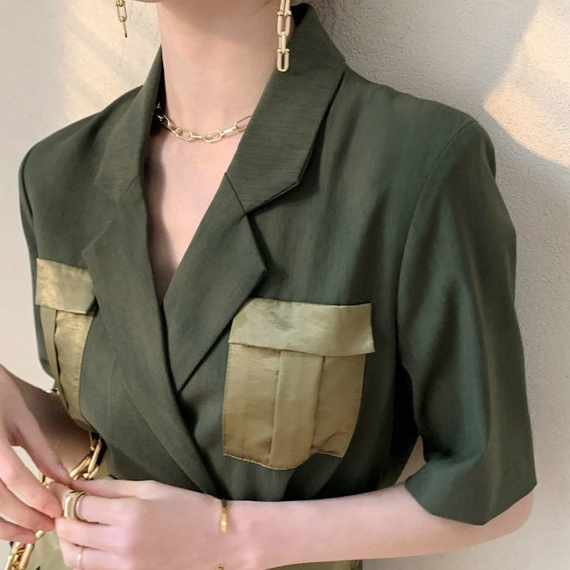 Haljina kratkih rukava Ženska elegantna uredska dama Patchwork Cargo High-street remen Empire Vestidos Notched Mujer Y2k Slobodno vrijeme Trendy