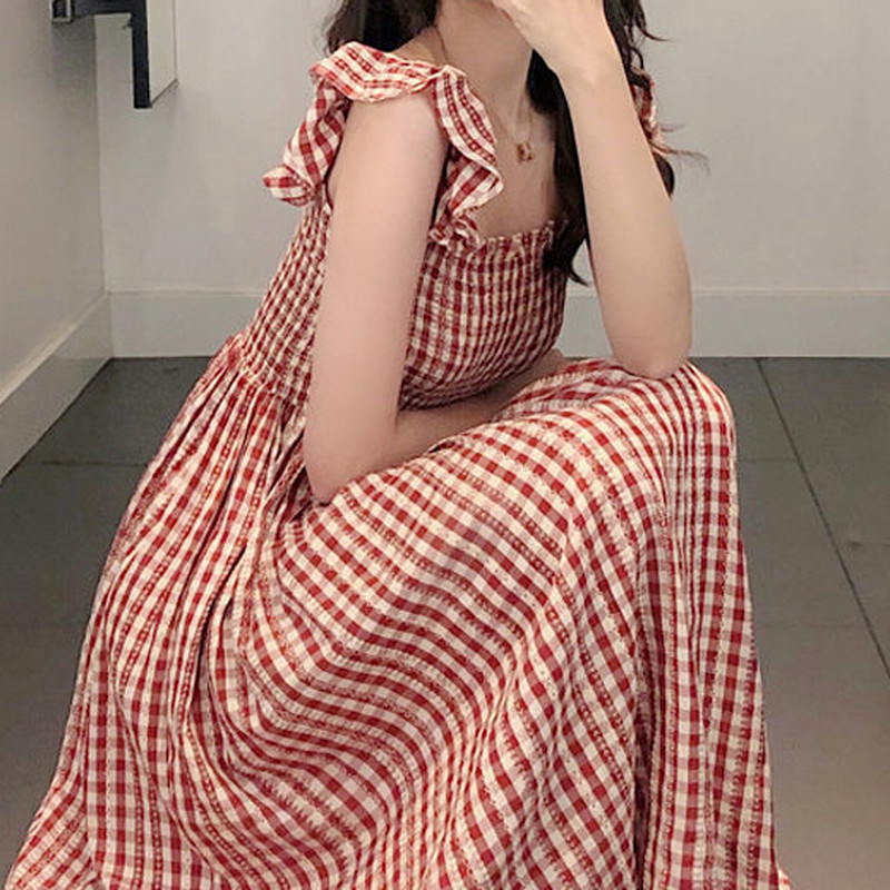 Kleit Naistele Sääre keskosa Armas Naine Suvine Lihtsad Plaidid A-line söödav puuseen Varrukateta Sundress Korea Style Maiden Sweet