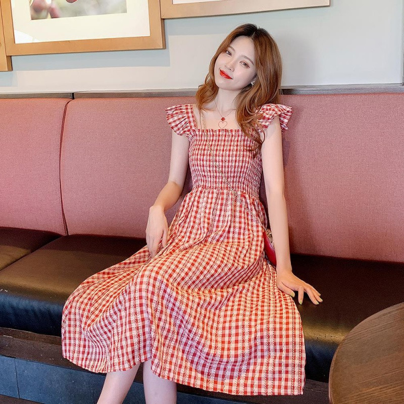 Kleit Naistele Sääre keskosa Armas Naine Suvine Lihtsad Plaidid A-line söödav puuseen Varrukateta Sundress Korea Style Maiden Sweet