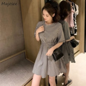 Γυναικείο φόρεμα Κορεατικού στυλ Μαύρο λευκό καρό Lovely Girl Retros All-match Streetwear Vintage Summer Hollow Out Waist Sundress Chic