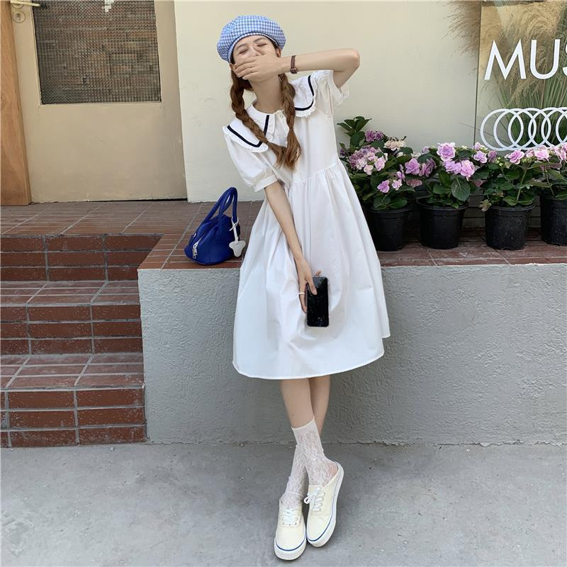 Ruha Női Nyári Édes Vintage Japán Stílus Peter Pan gallér Vestidos Főiskolai Hallgatói A-vonalas divat Alkalmi Egyszerű