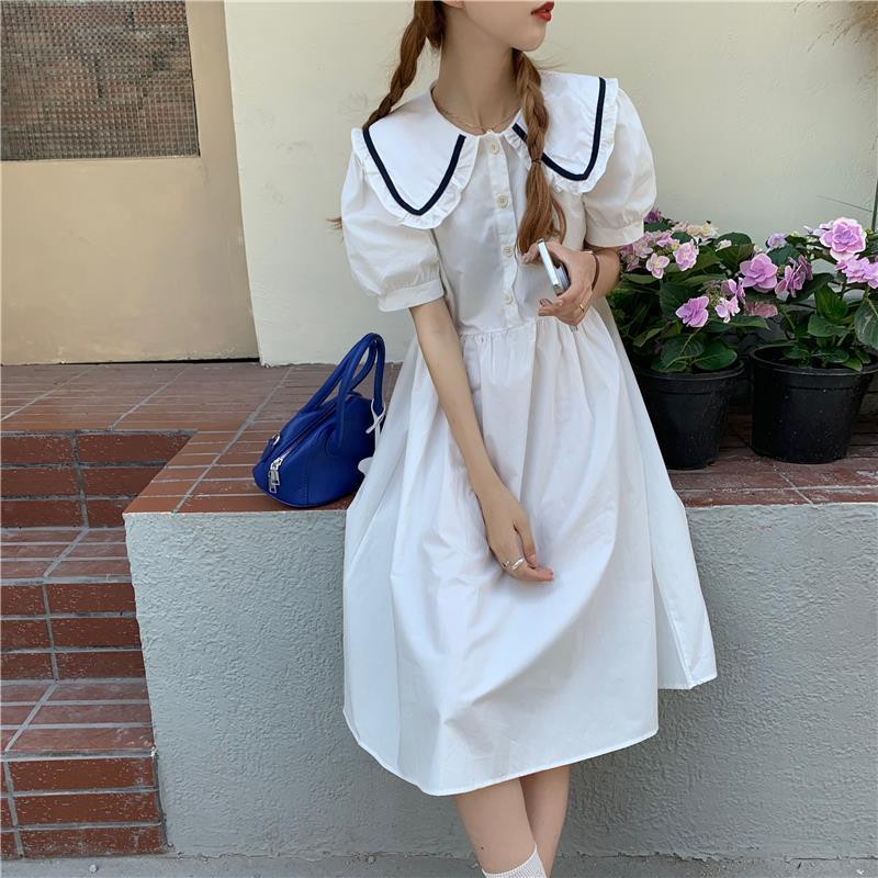 Ruha Női Nyári Édes Vintage Japán Stílus Peter Pan gallér Vestidos Főiskolai Hallgatói A-vonalas divat Alkalmi Egyszerű