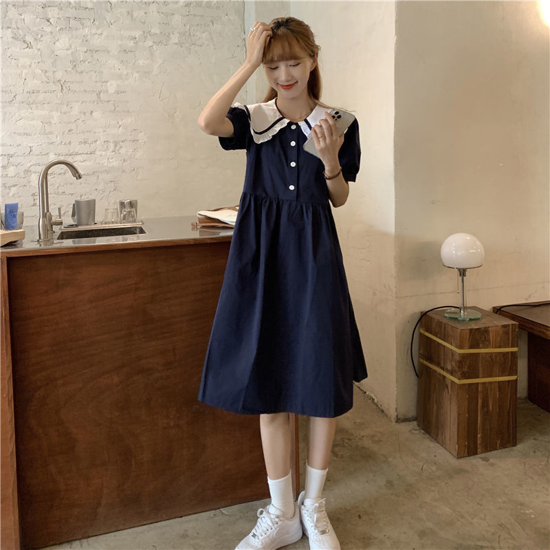 Ruha Női Nyári Édes Vintage Japán Stílus Peter Pan gallér Vestidos Főiskolai Hallgatói A-vonalas divat Alkalmi Egyszerű