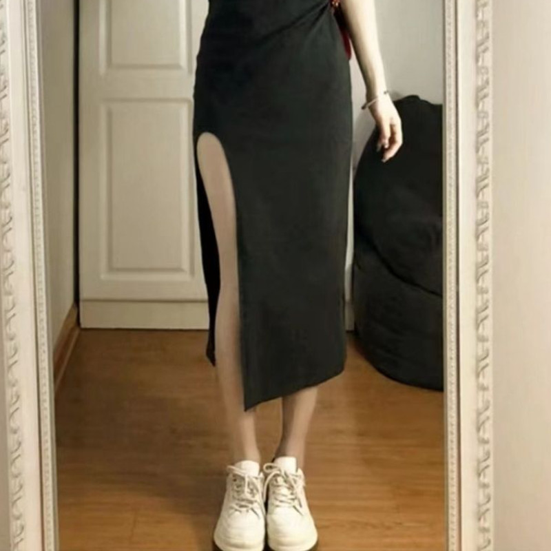 Haljina s prorezom sa strane Žene do sredine lista Jednostavna ležerna korejska modna seksi Ljetna asimetrična ulična odjeća za studentice Vestido