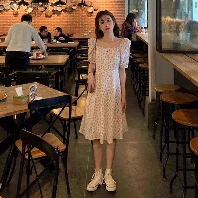 Kleitas Sieviešu Puff Piedurknes Salds Korejiešu Stils Kvadrātveida apkakle ar Augstu Vidukli A-līnija Svaigi Līdz ceļiem Šiks Dāma Eleganta Maiga Vasara