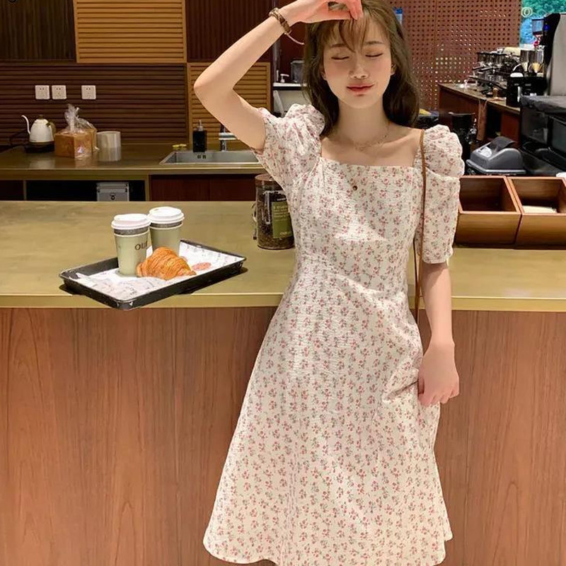 Kleitas Sieviešu Puff Piedurknes Salds Korejiešu Stils Kvadrātveida apkakle ar Augstu Vidukli A-līnija Svaigi Līdz ceļiem Šiks Dāma Eleganta Maiga Vasara