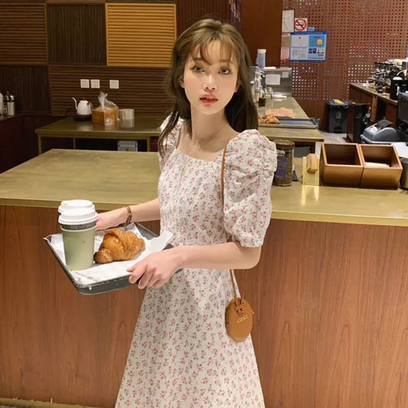 Kleitas Sieviešu Puff Piedurknes Salds Korejiešu Stils Kvadrātveida apkakle ar Augstu Vidukli A-līnija Svaigi Līdz ceļiem Šiks Dāma Eleganta Maiga Vasara