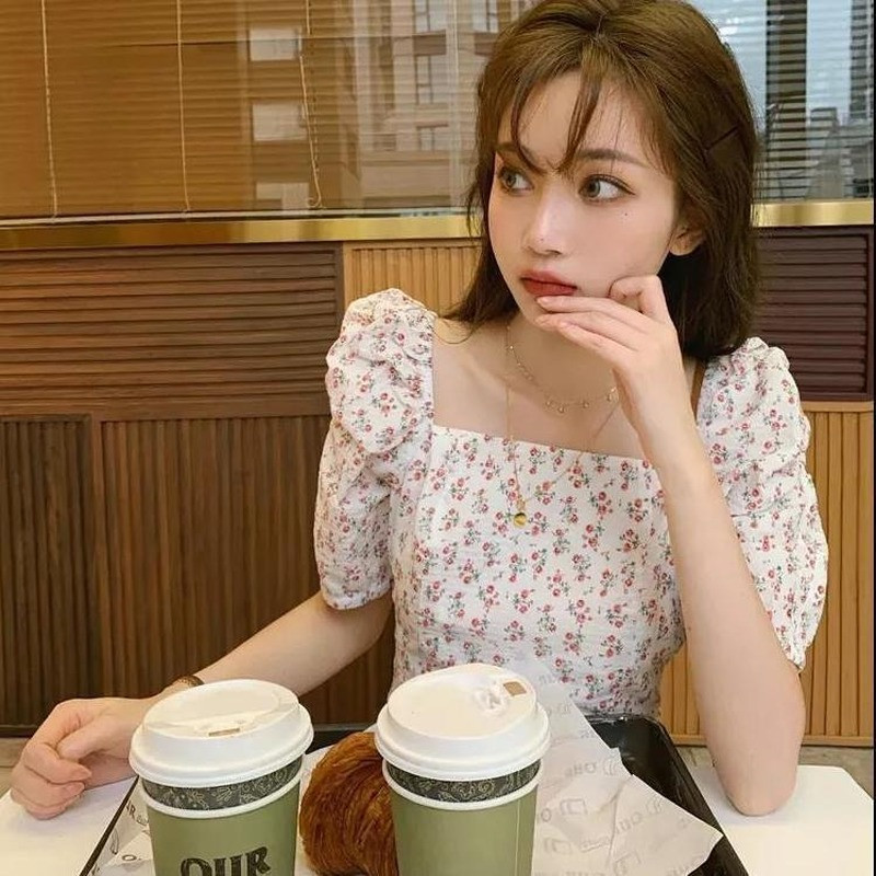 Kleitas Sieviešu Puff Piedurknes Salds Korejiešu Stils Kvadrātveida apkakle ar Augstu Vidukli A-līnija Svaigi Līdz ceļiem Šiks Dāma Eleganta Maiga Vasara