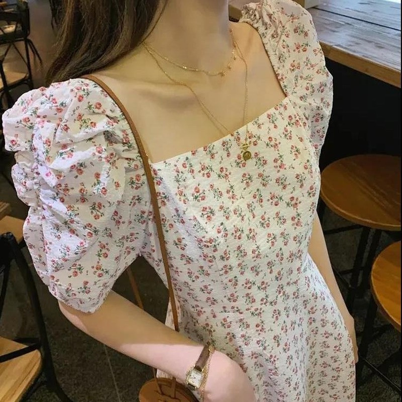 Kleitas Sieviešu Puff Piedurknes Salds Korejiešu Stils Kvadrātveida apkakle ar Augstu Vidukli A-līnija Svaigi Līdz ceļiem Šiks Dāma Eleganta Maiga Vasara