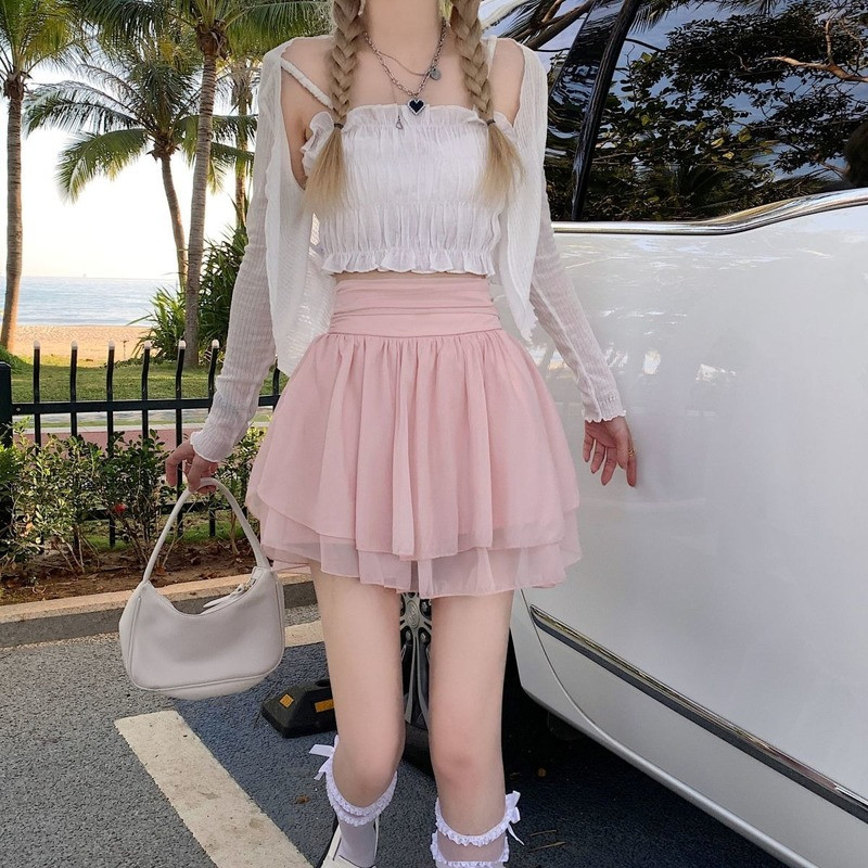 Tīkla svārki Sievietēm Mini Eleganti Saldi Meitenes Jauki Augsts Viduklis Vasaras Mode Korejiešu Dizains Y2k Apģērbi Sievietēm Brīvais laiks Vintage Jauns
