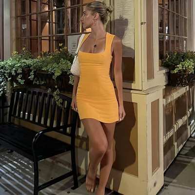 Rochie de soare pentru femei, galbenă, de culoare uni, fără mâneci, fără spate, cu decolteu pătrat, rochie de soare, rochie de vară, scurtă, mulata