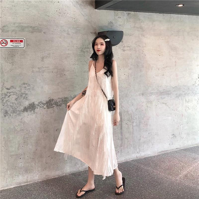 Rochie fără mâneci, solidă, în formă de A, pentru femei, sexy, cu decolteu în V, curea spaghetti, ocazional de vară, coreeană, moale, de stradă, la modă simplă, șic, fete