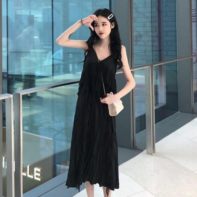 Rochie fără mâneci, solidă, în formă de A, pentru femei, sexy, cu decolteu în V, curea spaghetti, ocazional de vară, coreeană, moale, de stradă, la modă simplă, șic, fete