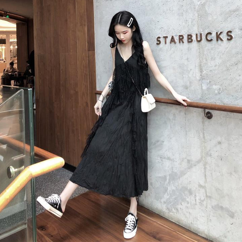 Rochie fără mâneci, solidă, în formă de A, pentru femei, sexy, cu decolteu în V, curea spaghetti, ocazional de vară, coreeană, moale, de stradă, la modă simplă, șic, fete