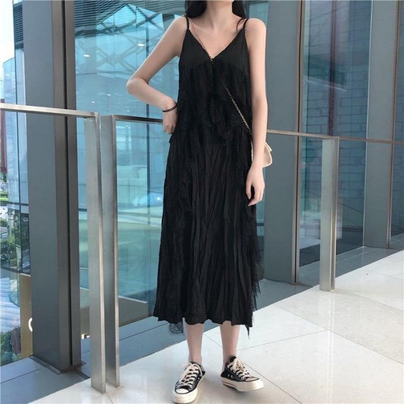 Rochie fără mâneci, solidă, în formă de A, pentru femei, sexy, cu decolteu în V, curea spaghetti, ocazional de vară, coreeană, moale, de stradă, la modă simplă, șic, fete