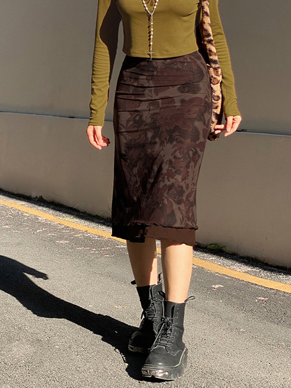 Harajuku Vintage egy vonalú midi szoknyák női gótikus grunge esztétikus nyári alacsony derekú szoknya virágmintás 90-es évek Y2K utcai viselet Faldas