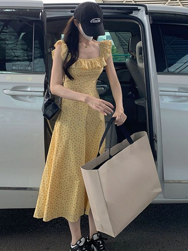 Floral φορέματα Γυναικεία Midi Sweet Chic βολάν μόδας All-match Τρυφερό κορεάτικο στυλ Λογοτεχνικό κοριτσίστικο καλοκαίρι σε γραμμή Α απαλό απαλό