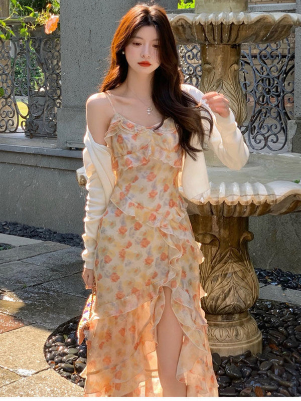 Suknelės su spagečiais, moteriškos raukiniai, netaisyklingos plyšinės gėlėtos, vasarinės elegantiškos korėjietiško stiliaus, seksualios plonos be rankovių, midi, mielos spalvos