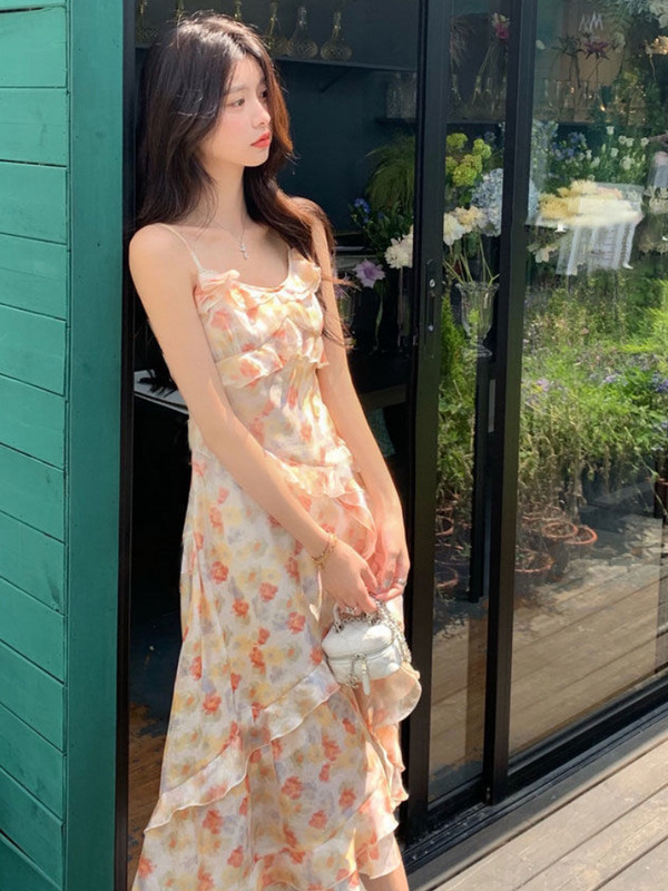 Suknelės su spagečiais, moteriškos raukiniai, netaisyklingos plyšinės gėlėtos, vasarinės elegantiškos korėjietiško stiliaus, seksualios plonos be rankovių, midi, mielos spalvos