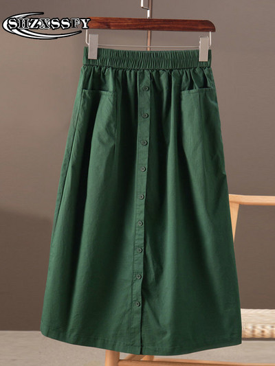Sieviešu svārki Kokvilnas ikdienas svārki ar augstu jostasvietu Sieviešu modes 2022. gada literārie korejiešu retro stila sieviešu vasaras svārki ar vienrindu