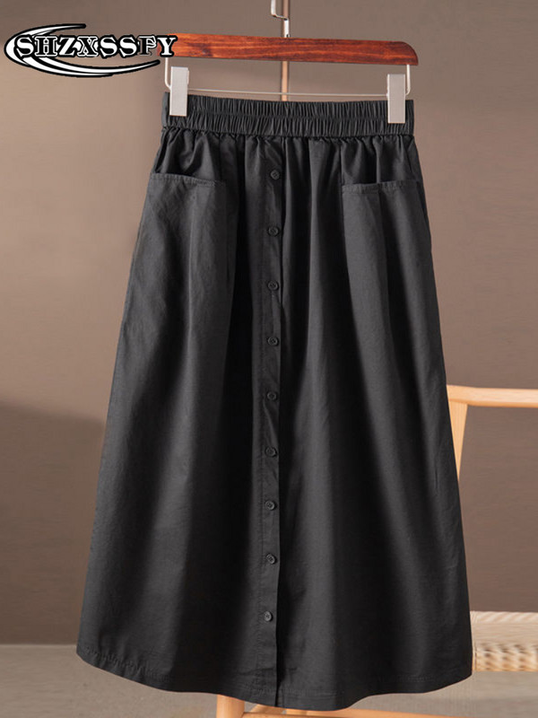 Sieviešu svārki Kokvilnas ikdienas svārki ar augstu jostasvietu Sieviešu modes 2022. gada literārie korejiešu retro stila sieviešu vasaras svārki ar vienrindu