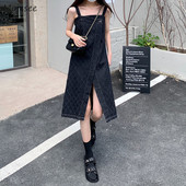 Αμάνικο τζιν Γυναικείο φόρεμα Argyle Σχέδιο Vintage Trendy Streetwear Asymmetric Casual κομψό καλοκαίρι δημοφιλές κορεατικό στυλ