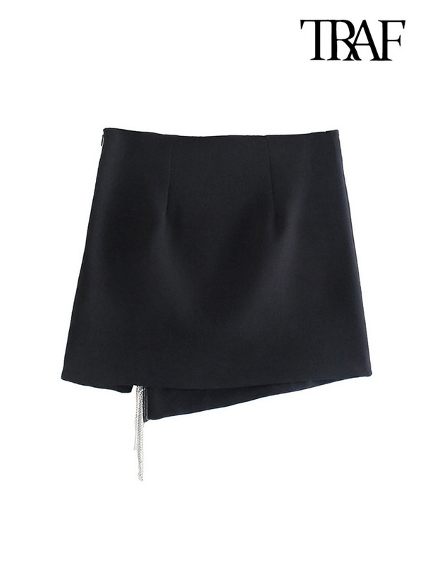 TRAF női divat Bejeweled rojtokkal díszített mini szoknya Vintage magas derekú cipzáras női szoknya Mujer