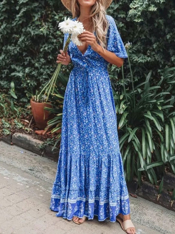 2023 Καλοκαιρινό Maxi Boho Γυναικείο Φόρεμα Φούντα Bohemian Long Party Γυναικείο φόρεμα με βισκόζη με λουλουδάτο τύπωμα φόρεμα παραλίας για γυναίκες