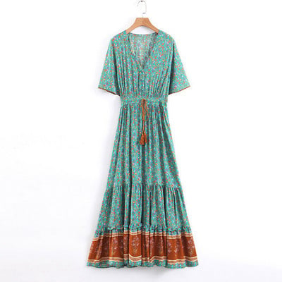 2023 Καλοκαιρινό Maxi Boho Γυναικείο Φόρεμα Φούντα Bohemian Long Party Γυναικείο φόρεμα με βισκόζη με λουλουδάτο τύπωμα φόρεμα παραλίας για γυναίκες