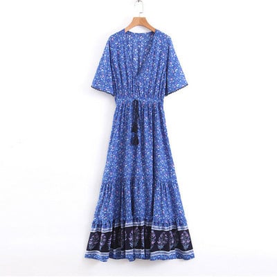 2023 Καλοκαιρινό Maxi Boho Γυναικείο Φόρεμα Φούντα Bohemian Long Party Γυναικείο φόρεμα με βισκόζη με λουλουδάτο τύπωμα φόρεμα παραλίας για γυναίκες