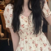 Kleitas Sievietēm Šika Aprikožu Salda ziedu Vasaras kvadrātveida Apkakle ar īsām piedurknēm Sieviešu Elpojoša Jauki Vienkārša Brīvā laika krāsa Krāsaina Slaida