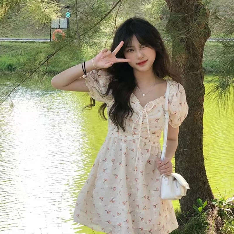 Kleitas Sievietēm Šika Aprikožu Salda ziedu Vasaras kvadrātveida Apkakle ar īsām piedurknēm Sieviešu Elpojoša Jauki Vienkārša Brīvā laika krāsa Krāsaina Slaida