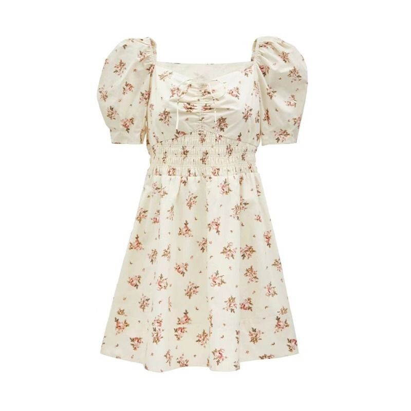 Kleitas Sievietēm Šika Aprikožu Salda ziedu Vasaras kvadrātveida Apkakle ar īsām piedurknēm Sieviešu Elpojoša Jauki Vienkārša Brīvā laika krāsa Krāsaina Slaida