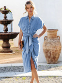 Sieviešu vasarai Jaunas Bohēmijas kreklkleitas Atloks Pogas Vintage Modes Iegrieztas Siksniņas Plānas Sieviešu džinsa Zilas kleitas 2023