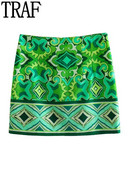 TRAF zöld mini szoknyák nőknek 2023-as Vintage Print rövid szoknyák Női divatos, magas derekú szoknya Női Boho nyári strandszoknya