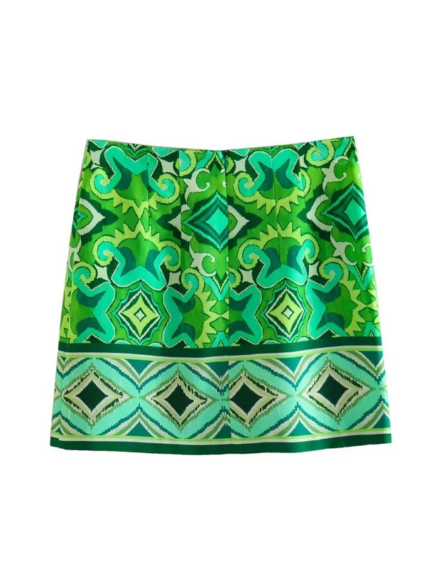 TRAF zöld mini szoknyák nőknek 2023-as Vintage Print rövid szoknyák Női divatos, magas derekú szoknya Női Boho nyári strandszoknya