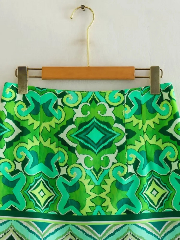 TRAF zöld mini szoknyák nőknek 2023-as Vintage Print rövid szoknyák Női divatos, magas derekú szoknya Női Boho nyári strandszoknya