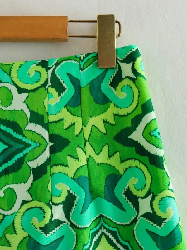 TRAF zöld mini szoknyák nőknek 2023-as Vintage Print rövid szoknyák Női divatos, magas derekú szoknya Női Boho nyári strandszoknya