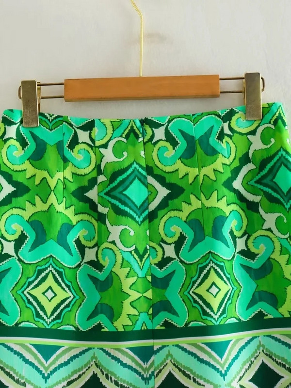 TRAF zöld mini szoknyák nőknek 2023-as Vintage Print rövid szoknyák Női divatos, magas derekú szoknya Női Boho nyári strandszoknya
