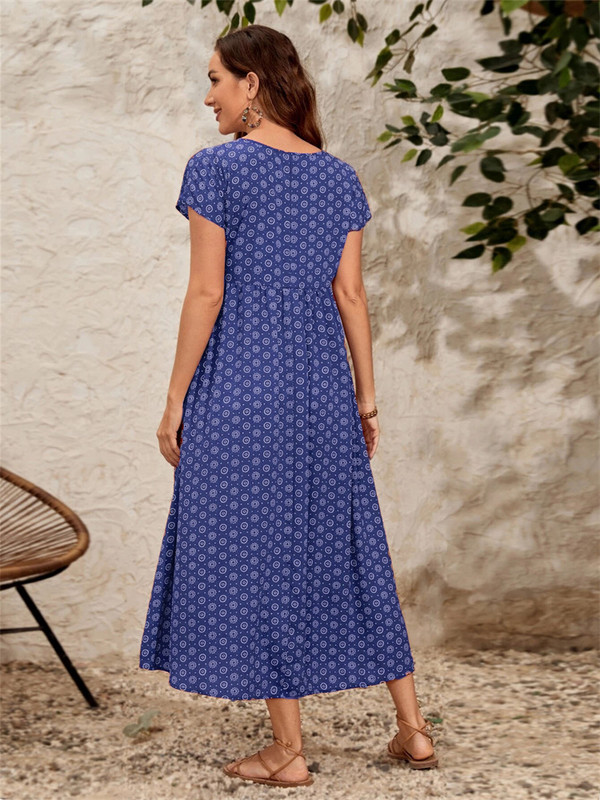 Prevelika labava vintage haljina Ženska ljetna boemska maksi haljina Ženska elegantna ležerna duga haljina za plažu kratkih rukava s džepom