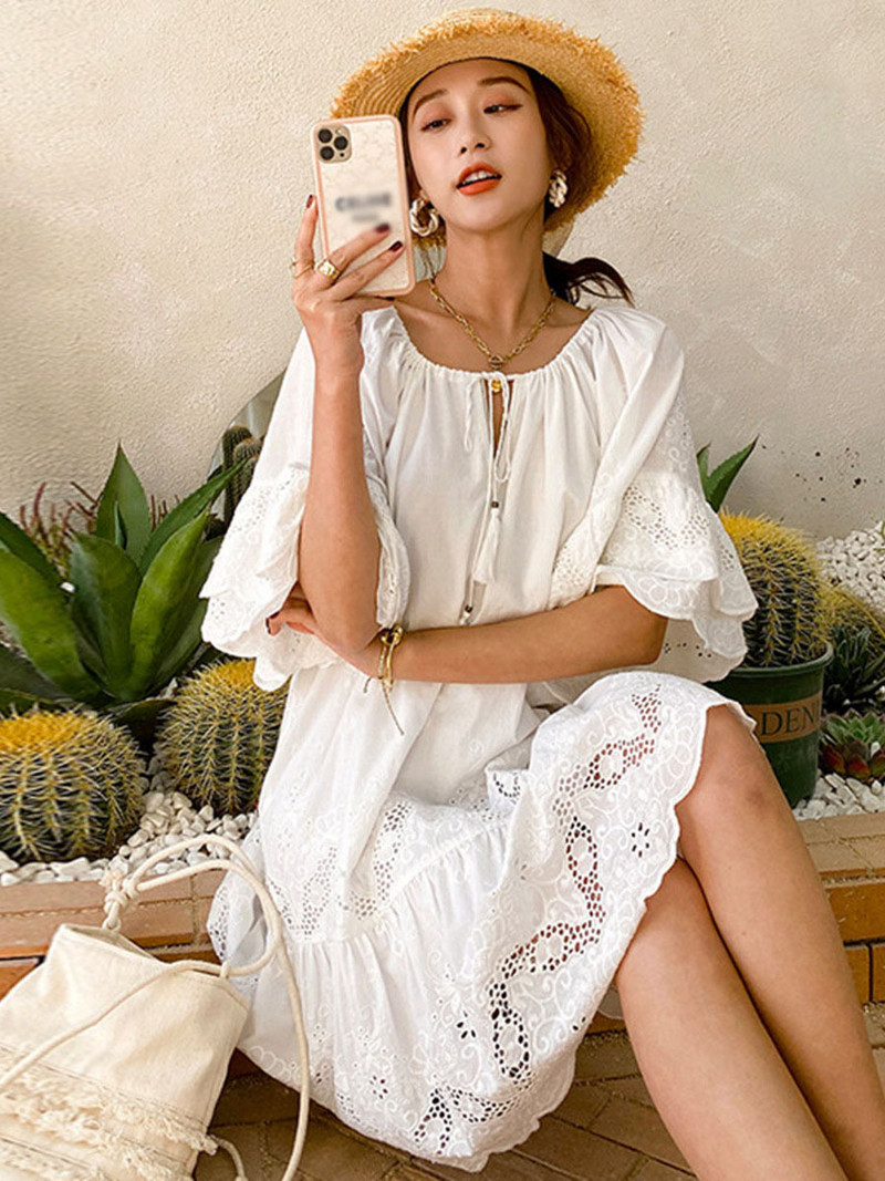 Balta mini kleita Sieviešu Boho pludmales kleita Sieviešu vasaras mežģīņu kleita Sieviešu brīva, eleganta mežģīņu kleita Vestido Mujer