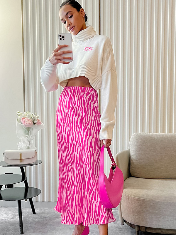 Elegáns nyomtatott szoknya női foltos Bodycon magas derekú A-vonalú midi szoknyák 2023 tavaszi nyár rózsaszín utcai ruhák vékony klasszikus ruhák