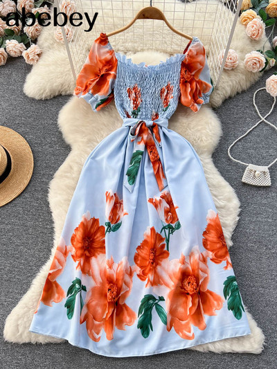 Divat, nyári, édes nyomtatott hosszú ruha, női, négyszögletes nyakú, vonalas, elasztikus napruha, 2023-as női, virágos, virágos strandruha